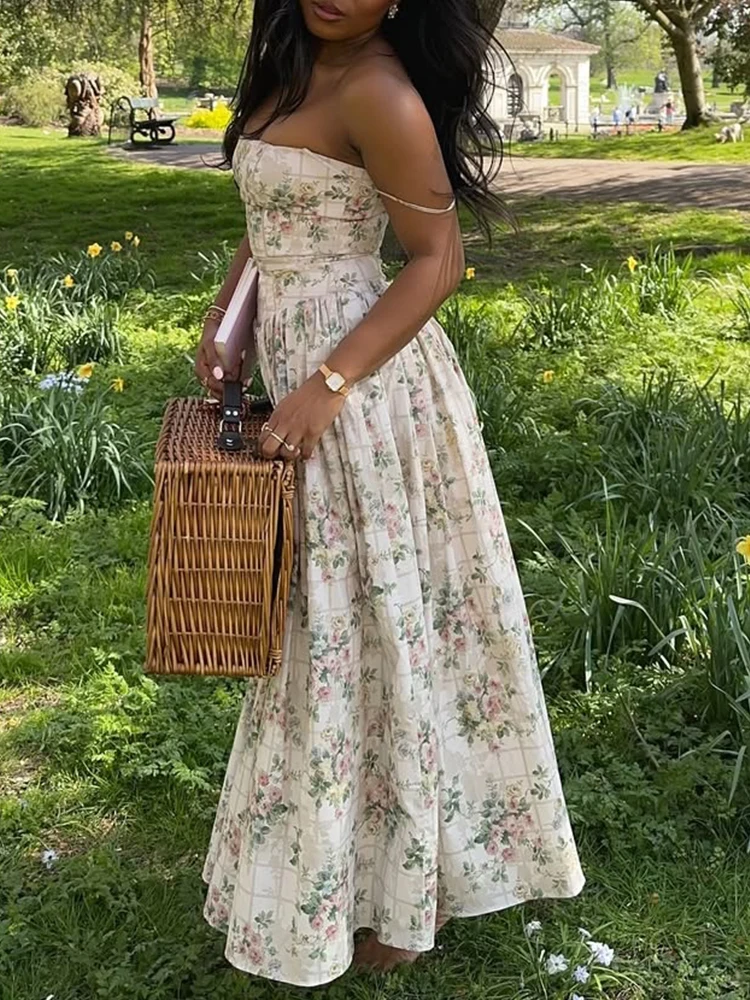 Summer Spring Floral Printed Women's Dress Elegant Retro Boho Party Dresses Elegant Vinatge A-line Maxi Vestidos 2025 New In