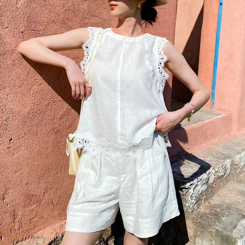 

French Style Vintage Tank Blouse Shirt Women Linen Sleeveless Hollow Out Embroidery Loose Sheer Vacation Boho Ladies Summer Tops