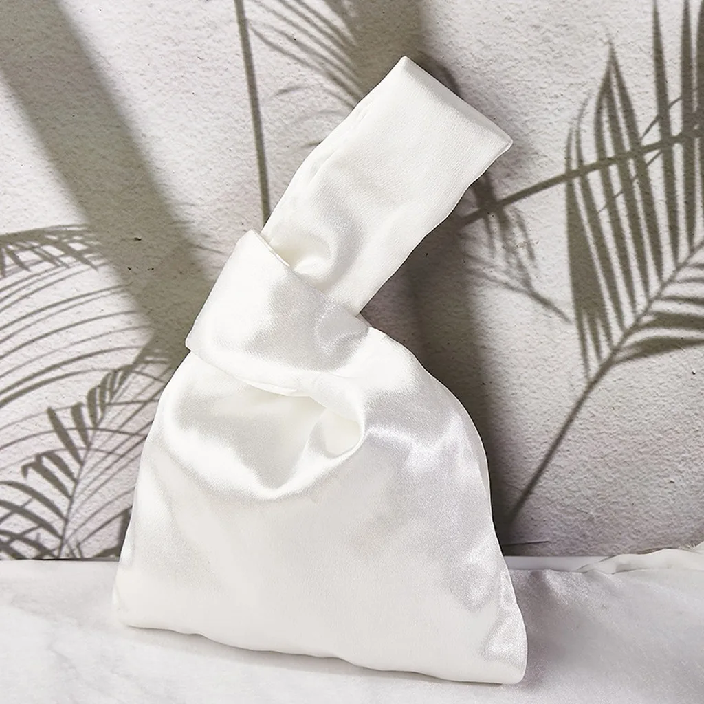 Women Silk Satin Knot Wrist Bag Japanese Mini Tote Handbag Elegant Party Clutch Purse Luxury Soft Portable Storage Makeup Pouch