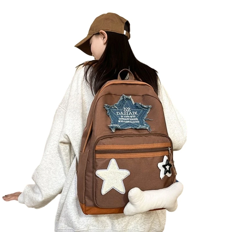 E74B Chic Women\'s Y2K Backpack with Appliques Aesthetic Grunge Book Bag for School and Travel