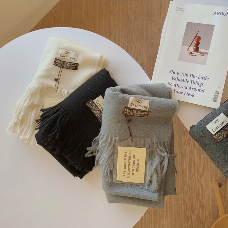 جديد جودة عالية تقليد الكشمير وشاح النساء الرجال الصلبة سميكة طويلة شرابة شال الخريف الشتاء الصوف والأوشحة الإناث المعزي #5