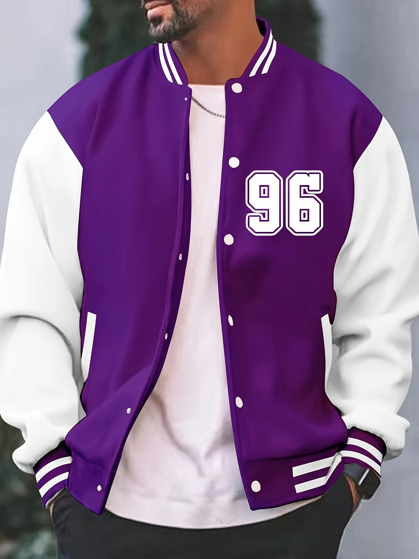 Beliebte Baseballjacke für Herren mit 96-Print – lässige Alltagsjacke, Herbst- und Winteroberbekleidung für Damen und Herren. – Detail 6