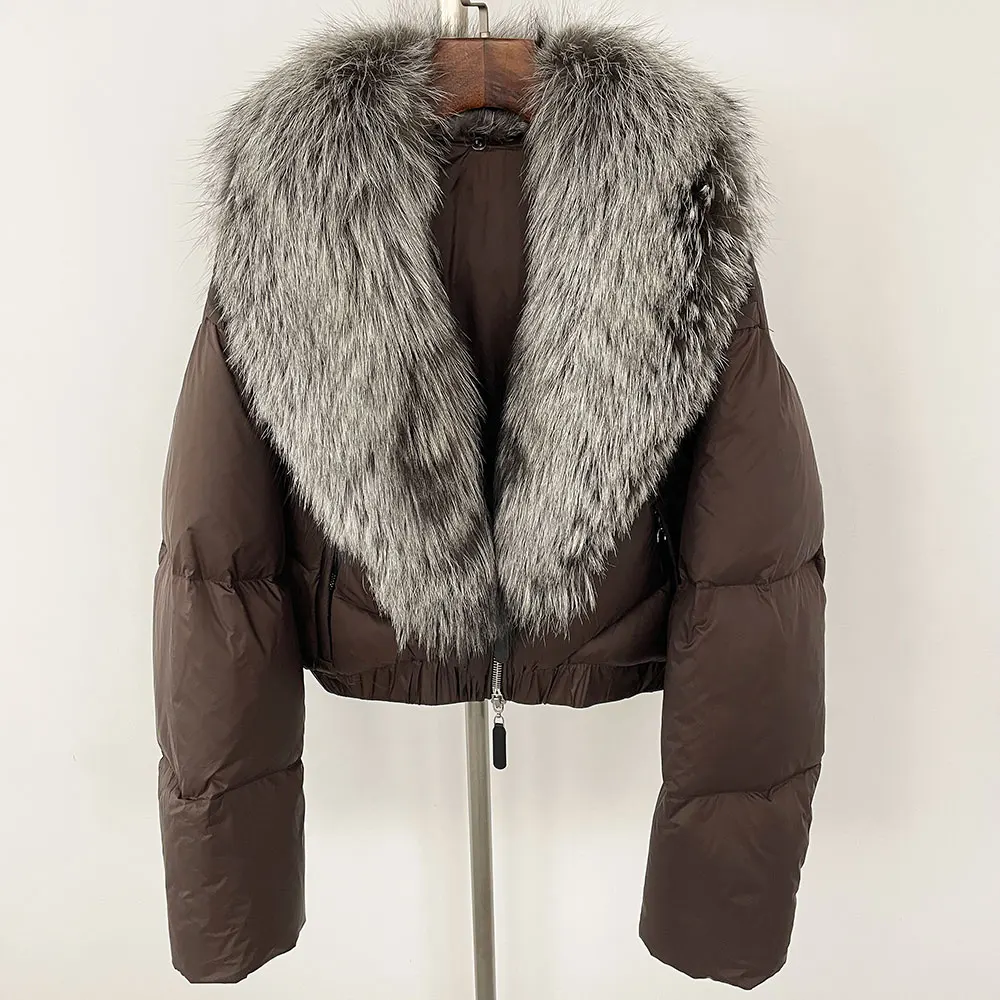 المرأة ريال الطبيعية الثعلب الفراء طوق أسفل سترة شتاء جديد سميكة الدافئة عارضة قصيرة overwears الشارع الشهير جديد الأبيض بطة أسفل معطف