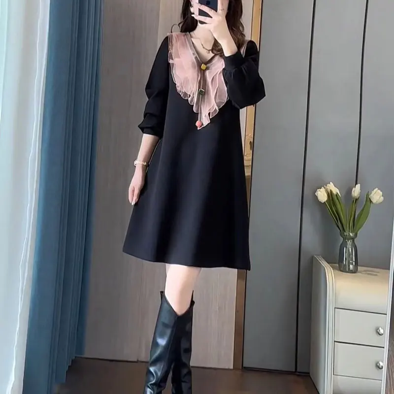 Commute Elegant Ruffles Spliced Midi Dress Button Spring Autumn Casual V-Neck Female Clothing Basic Long Sleeve A-Line Dresses