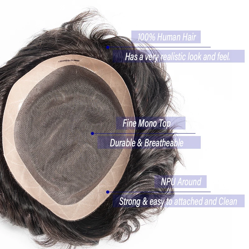 Durable Men Hair Toupee Mono NPU Indian Straight Wave Human Hair Replacement System Men\'s Hair Capillary Prothesis Hairpiece