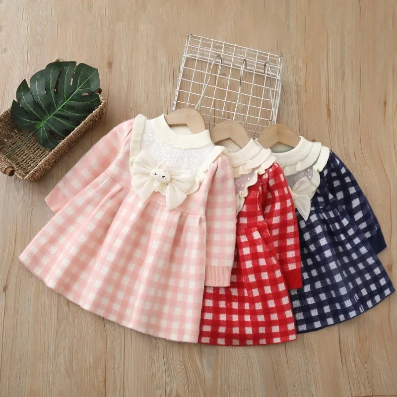 

Plaid Knit Dress Girls Sequin Ruffled Collar Bow Long Sleeve Sweater Dress Warm Autumn Princess Dress