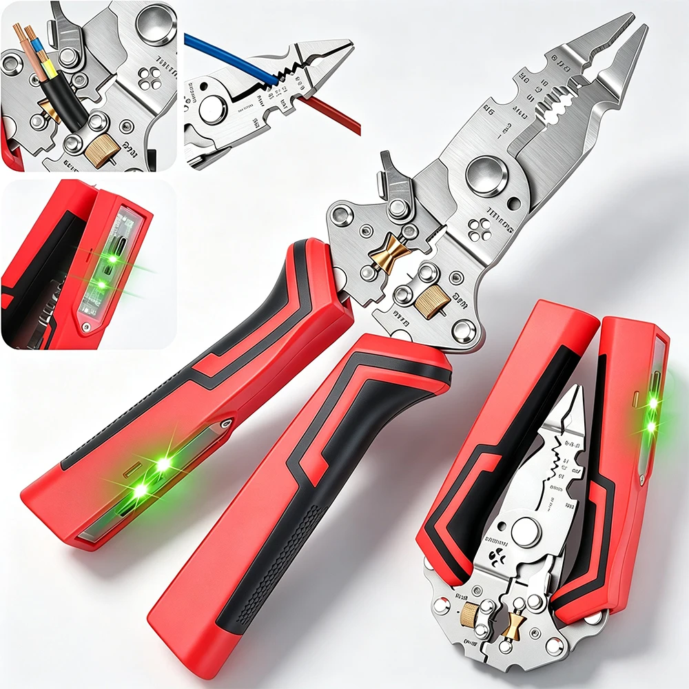 16-in-1 Rechargeable Wire Stripping Pliers with Voltage Tester&Alarm,Detectable 12-250V,Heavy-Duty Electrical Plier&Wire Cutters