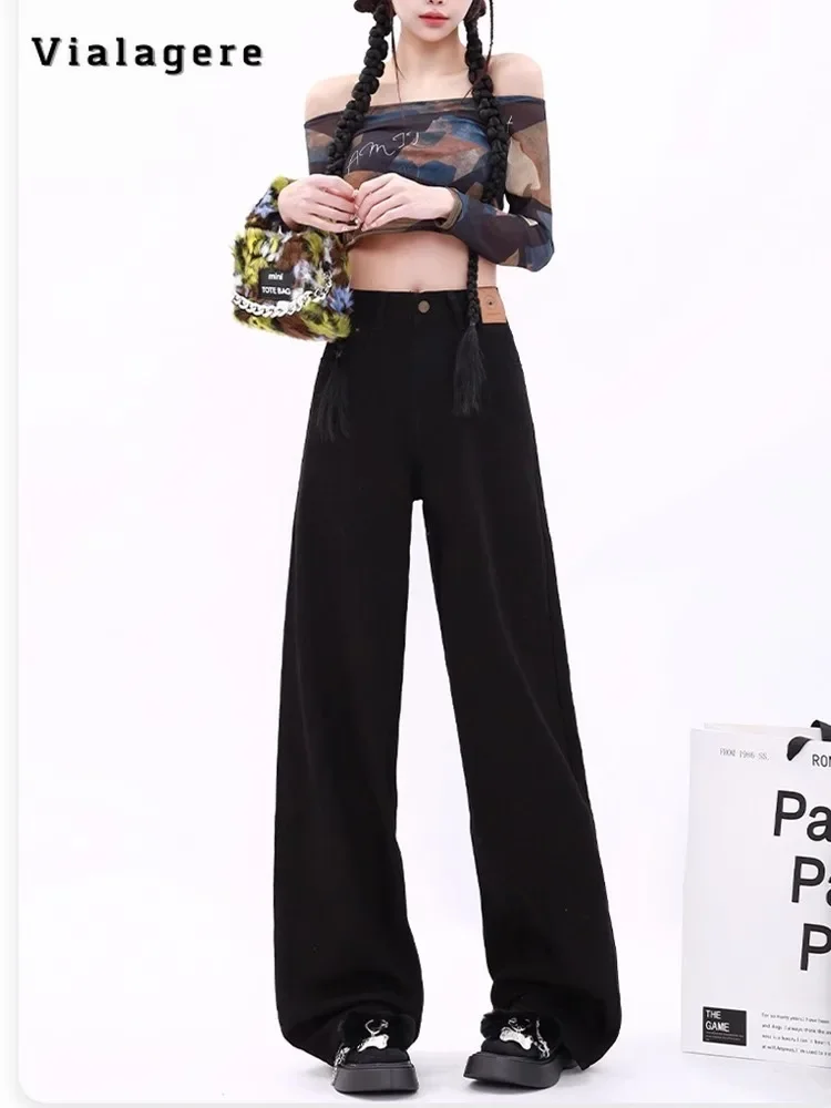 2024 Korean Style Simple Casual Solid Color High Waist Straight Jean Pants Women Y2K Fashion Basic Cozy Baggy Denim Trouser