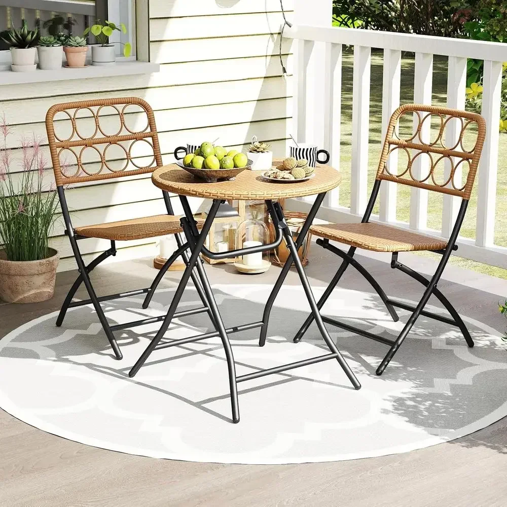 Portable Outdoor Bistro Set: PE Rattan Round Dining Table & 2 Chairs for Patio, Garden, Balcony