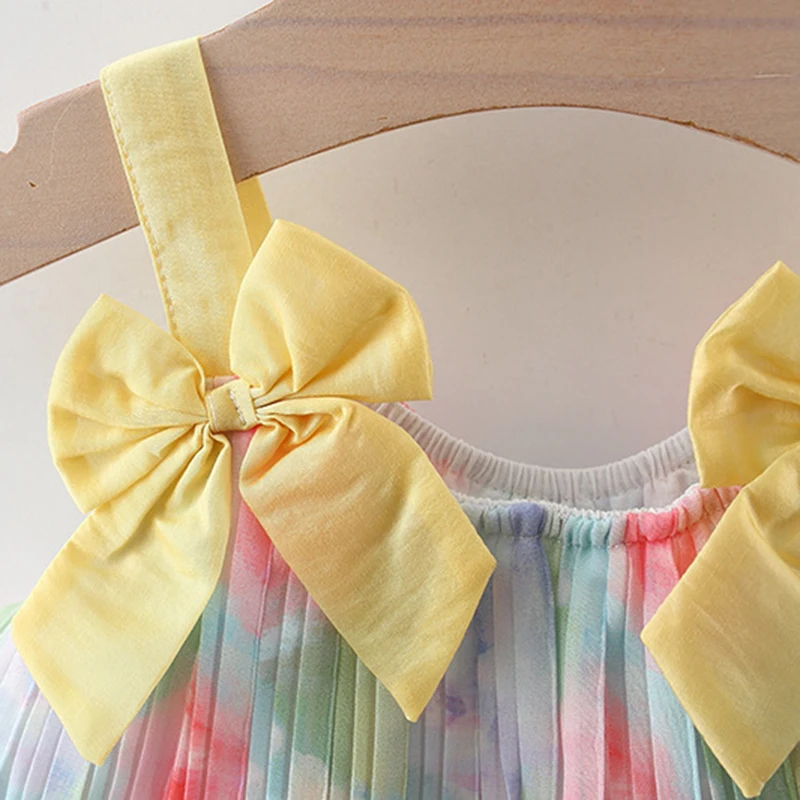 Summer New Strap Flower Colorful Handdrawn Style Sweet Princess Dress Birthday Party Dress Sweet Bow Birthday Party Dress