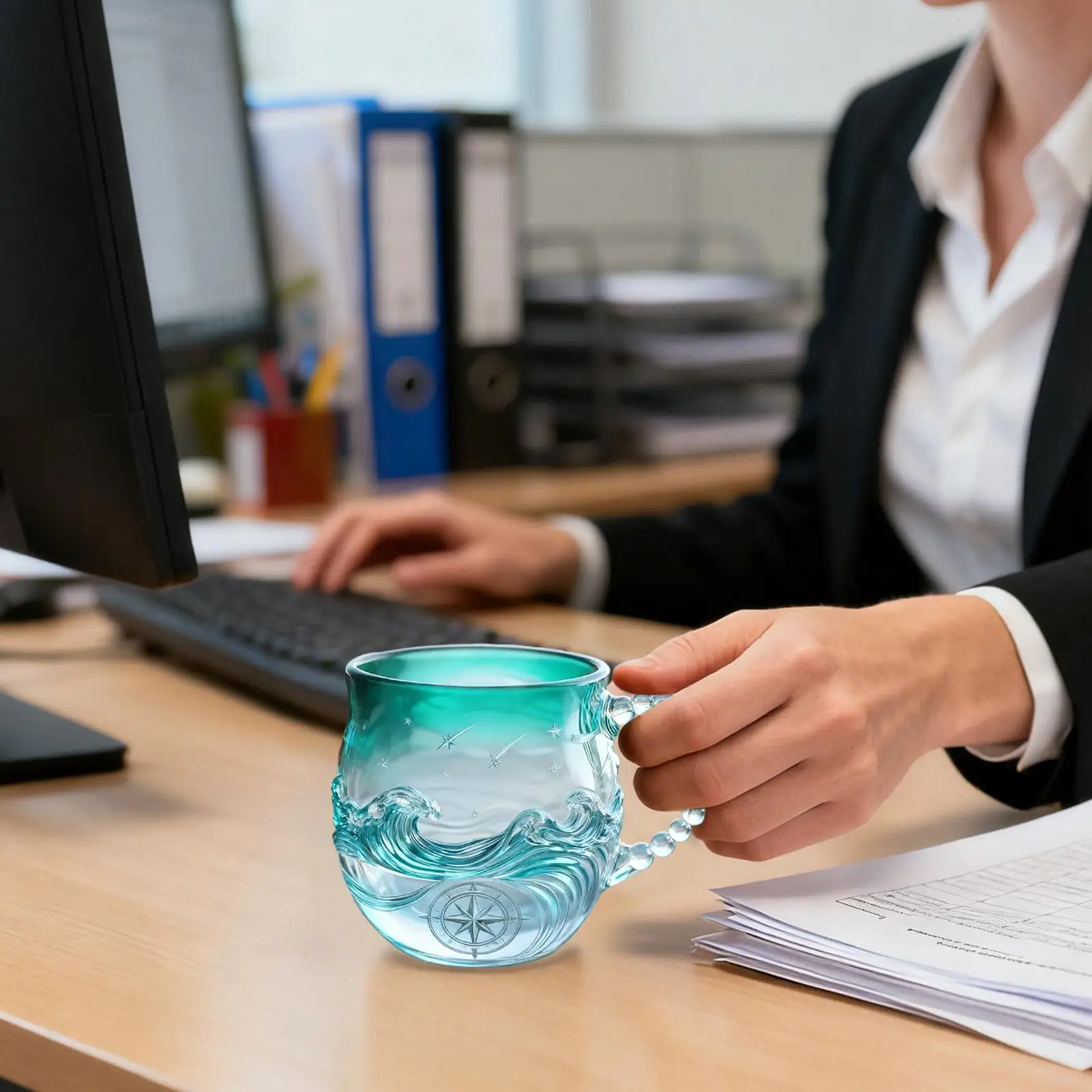 

Handmade Sea Glass Wave Mug 14oz Hand-Blown Beverage Cups Coastal Hot Chocolate Cup For Juice Milk Study Living Room Teachers