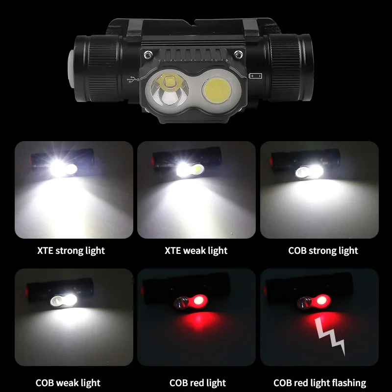 2pcs XTE + COB headlight Type-c charging red light warning outdoor mountaineering aluminum alloy led headlight