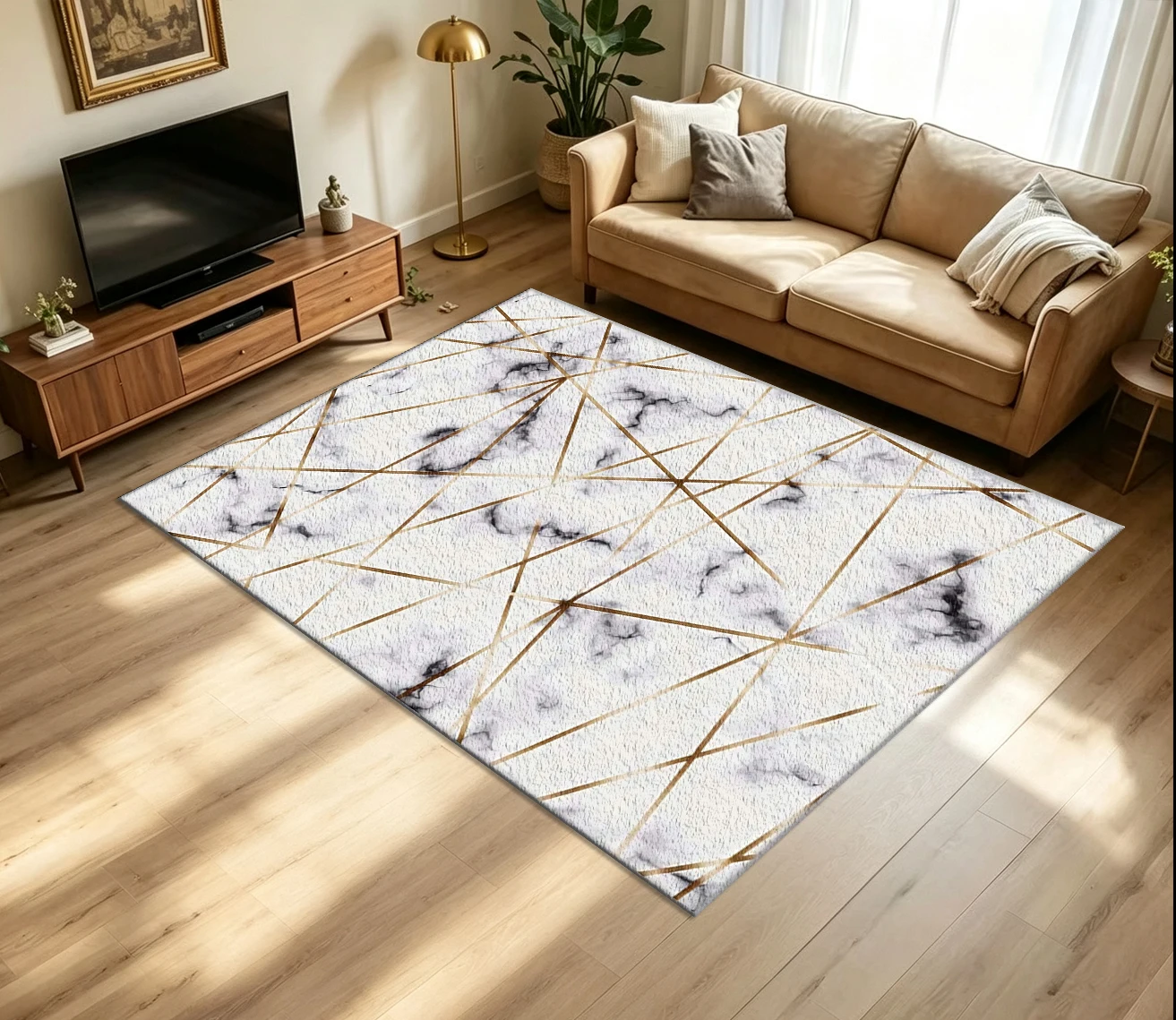 White Marble Gold Geometric Lines Carpet Luxury Modern Carpet Floor Mat for Living Room Kitchen