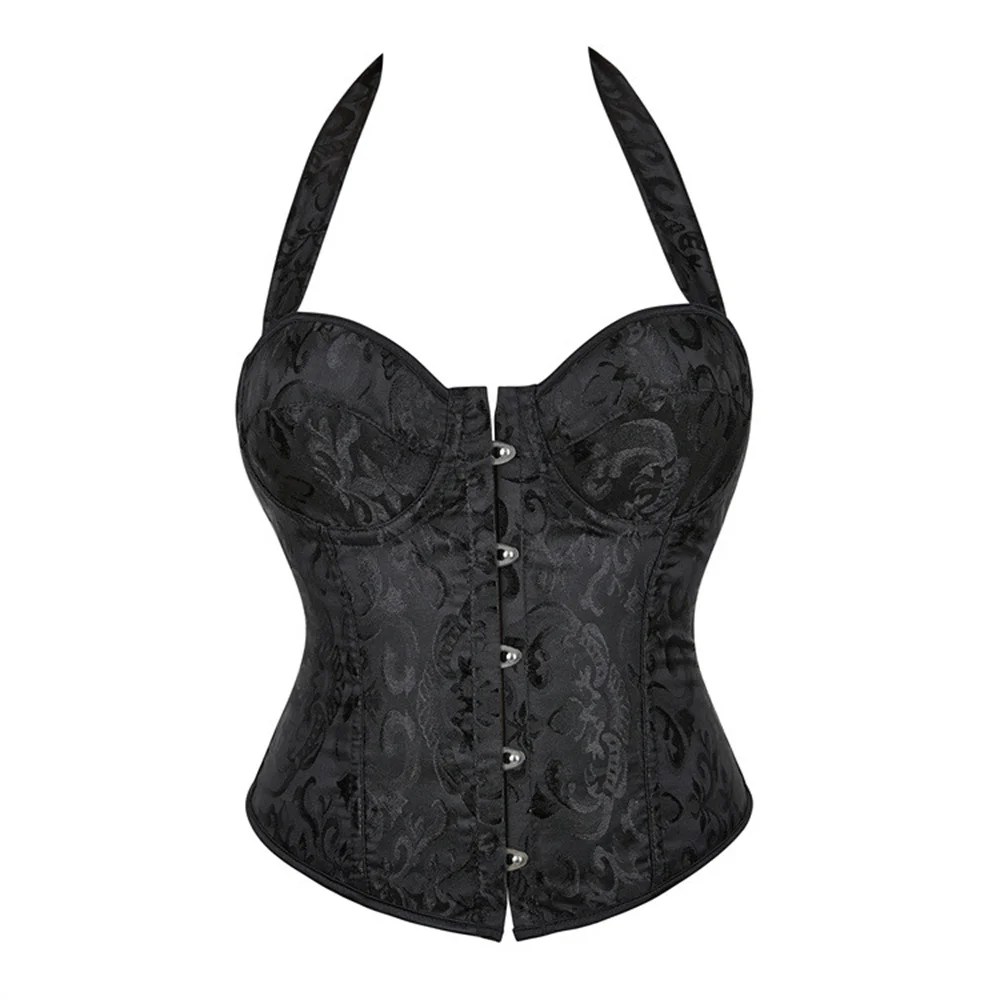 Black Steampunk Retro Jacquard Floral Halterneck Bustier Corset Tops Women Overbust Sexy Lingerie Body Shaper Corselet