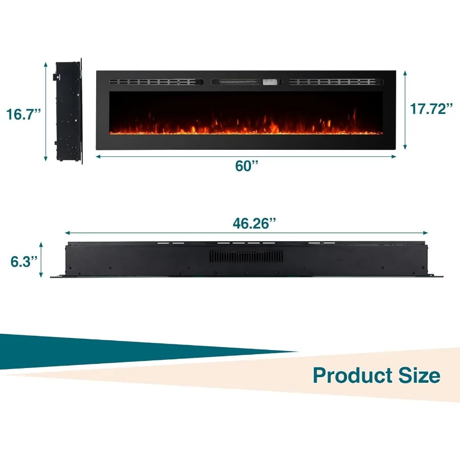 مدفأة كهربائية 60 بوصة مع تركيب مثبت على الحائط لغرفة المعيشة أو تدفئة غرفة النوم 750 وات/1500 وات طاقة مزدوجة S #2
