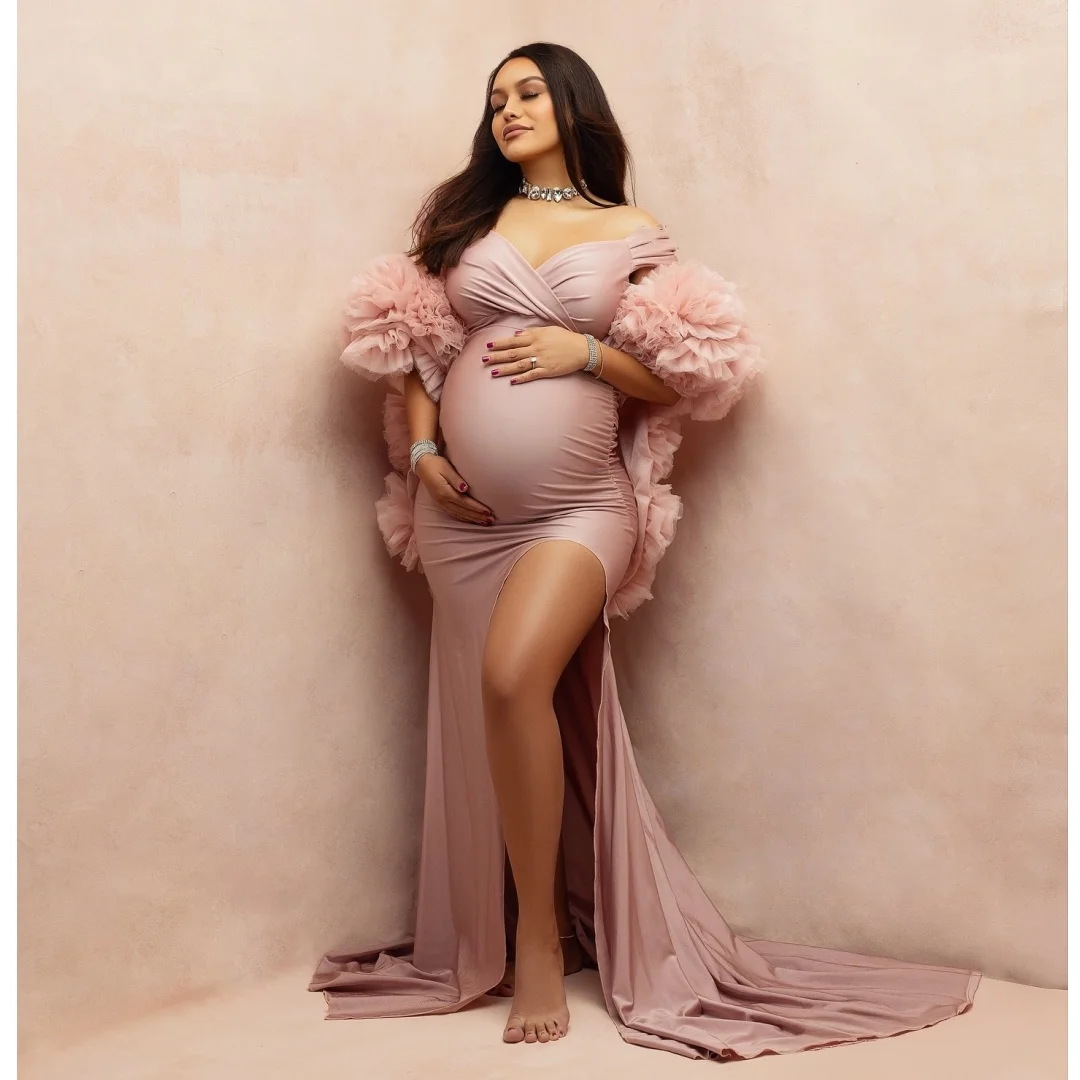 Lichtroze galajurken met split en omslag van de schouder, zwangerschapsjurk, op maat gemaakte vestido de novia fotografie rekwisieten