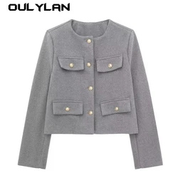 Oulylan 2024 Winter New Product Women's Fashion and Casual Versatile Round Neck Flip Decoration Short Suit Coat