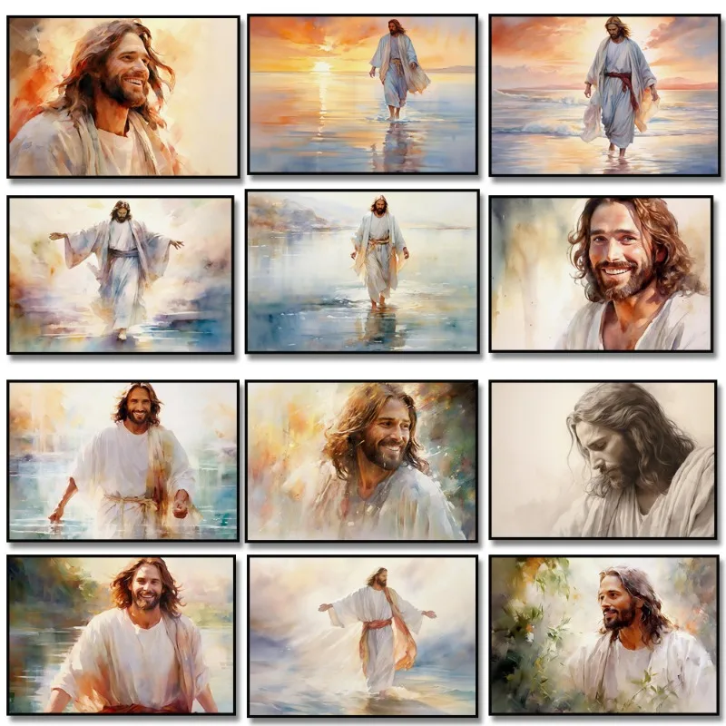 Watercolor Jesus Walking on Water Poster Jesus Laughing Picture,canvas Painting Christian Wall Art Christ's Embracehome Decor