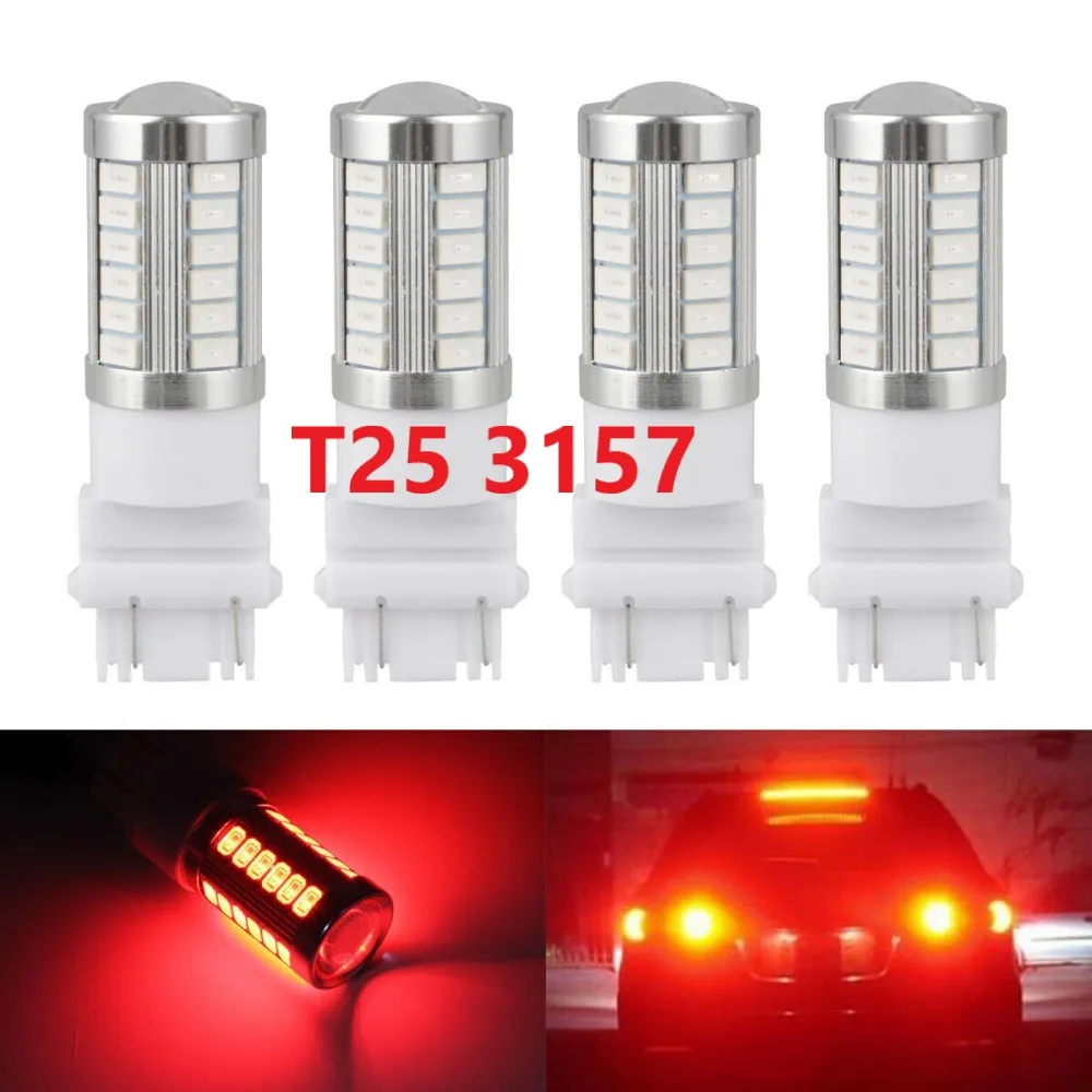 

4Pcs T20 7443 T25 3157 LED Bulbs Red 33LEDs for Turn Signal Brake Tail Light DC12/24V.