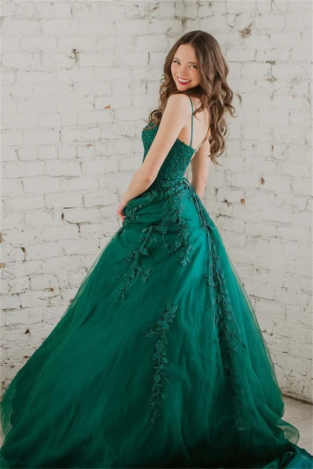 Spaghetti Strap Strapless Tulle Prom Dresses Lace Appliques Backless Lace-up Formal Evening Sleeveless Long Floor-length Gowns