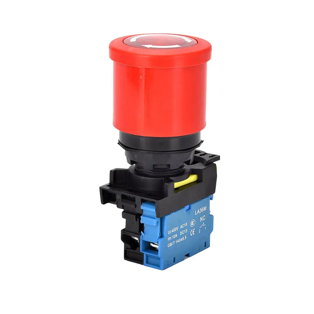 LA36M 22mm Exigent Stop Button Switch Red LED Self-Locking E-Stop 12V 24V AC DC Industrial Control Panel Replacement Part