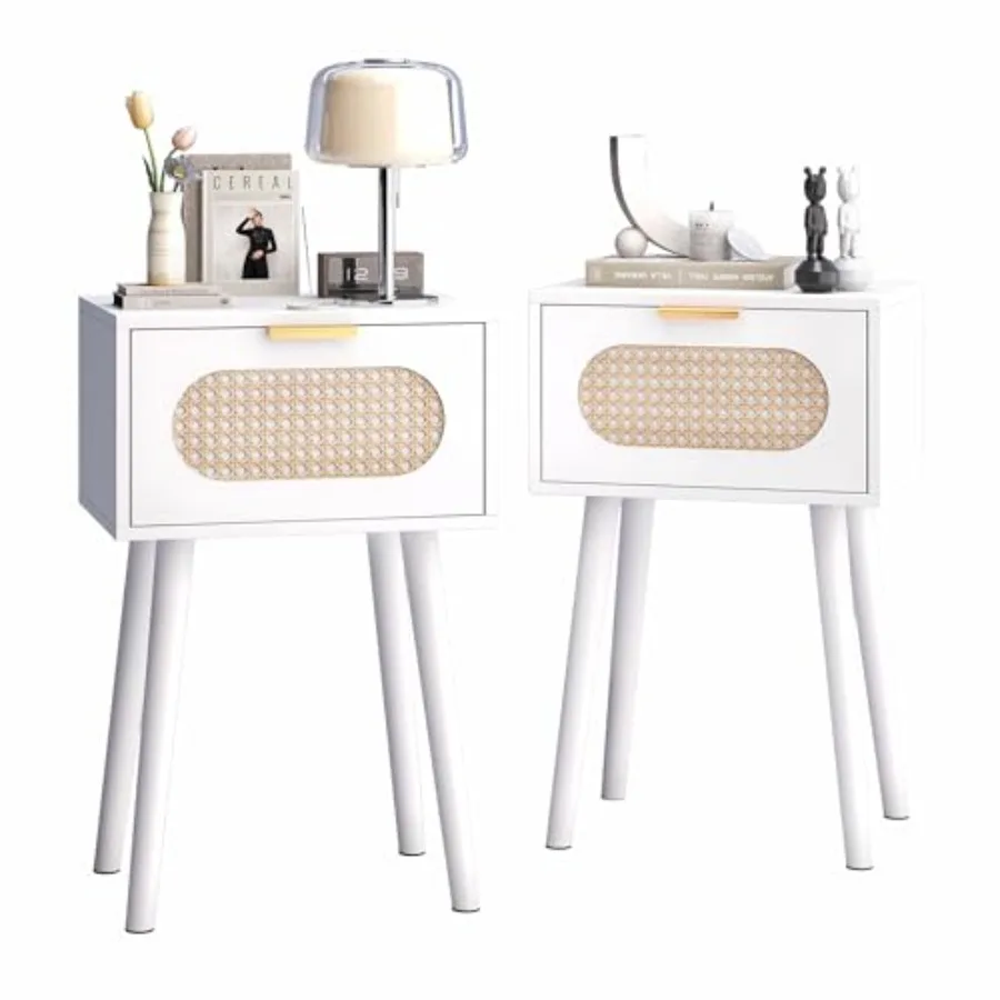 

Прикроватные тумбочки (комплект из 2 шт.) с дверцами из ротанга, в стиле бохо, на ножках из массива дерева, для спальни, гостиной, небольших помещений