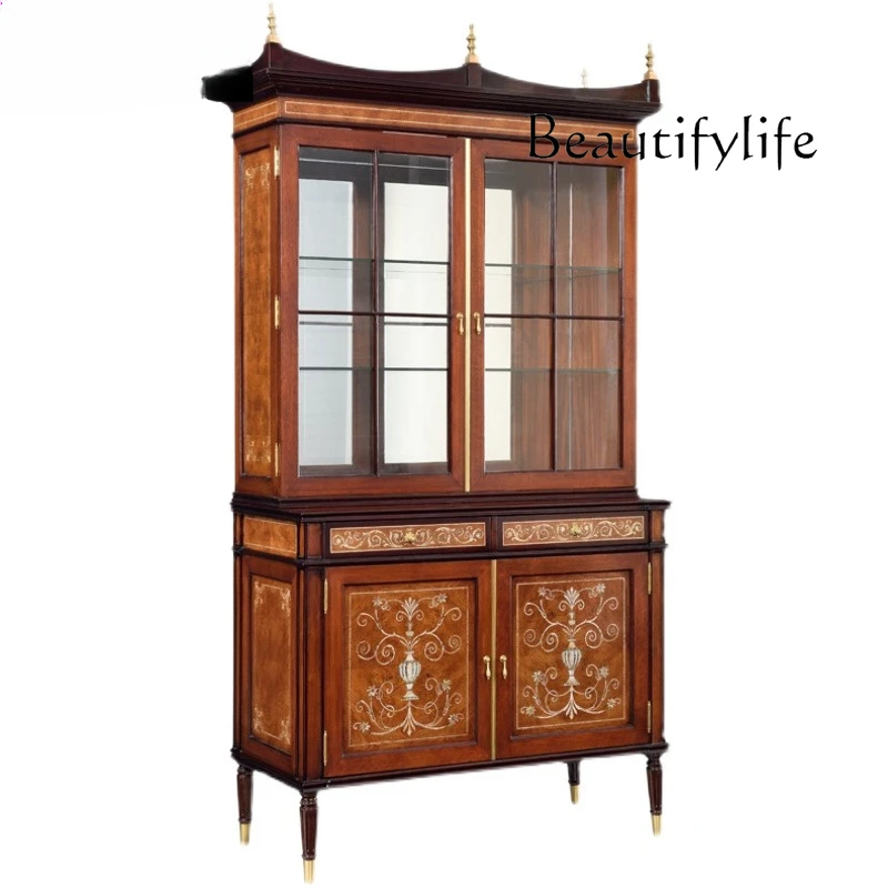 

European solid wood wine cabinet villa classical decorative cabinet peach blossom core solid wood wine cabinet shell inlay