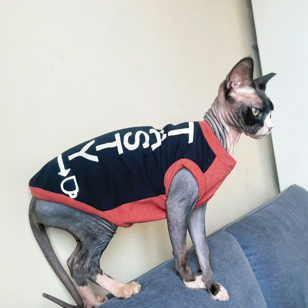 Summer T-shirt for Hairless Cat Black-Red Short Sleeves Cotton Vest for Sphinx in Spring Soft Fashion Letter Coat for Kittens