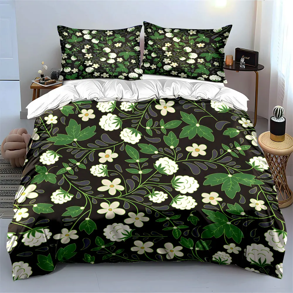 White blackberry theme with green leaves flowers Print Bedding Set 1 Duvet Cover 2Pillowcases for Adult and Children Luxury Gift