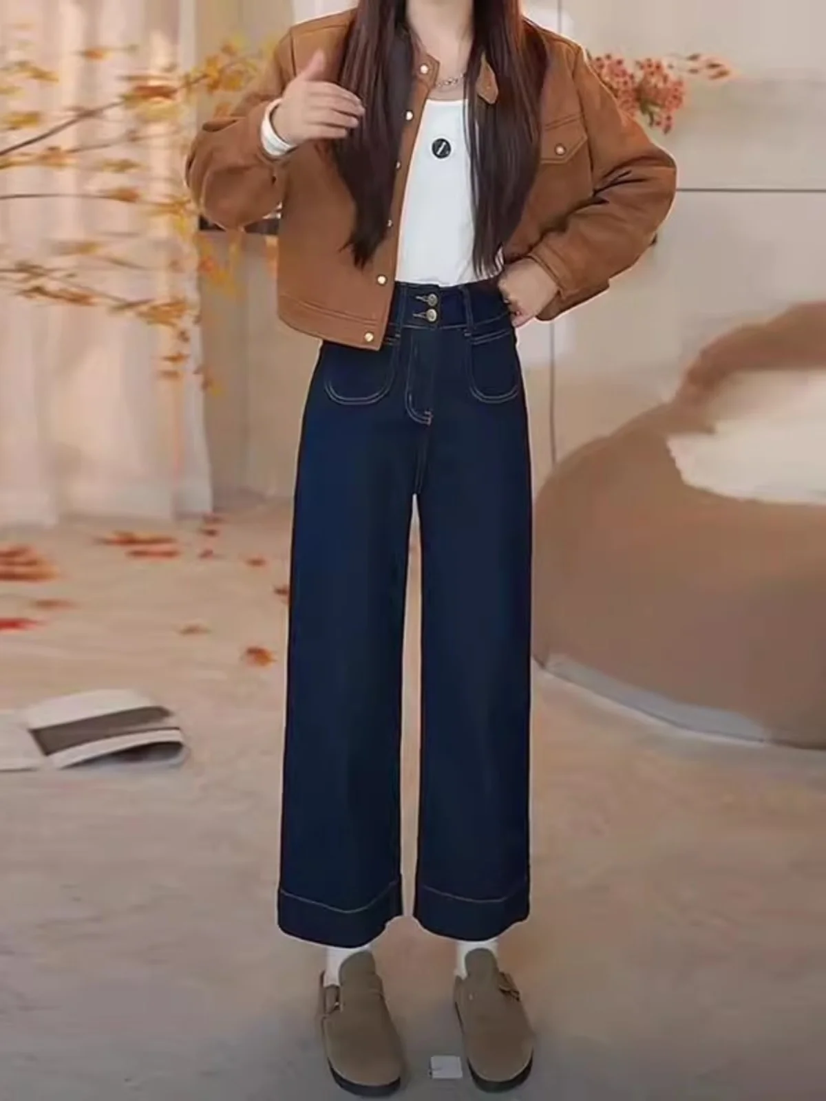 

Ретро джинсы с высокой талией, свободные, прямые, женские, модные, осенние, новые, широкие брюки, джинсы-капри, повседневные, однотонные, из денима