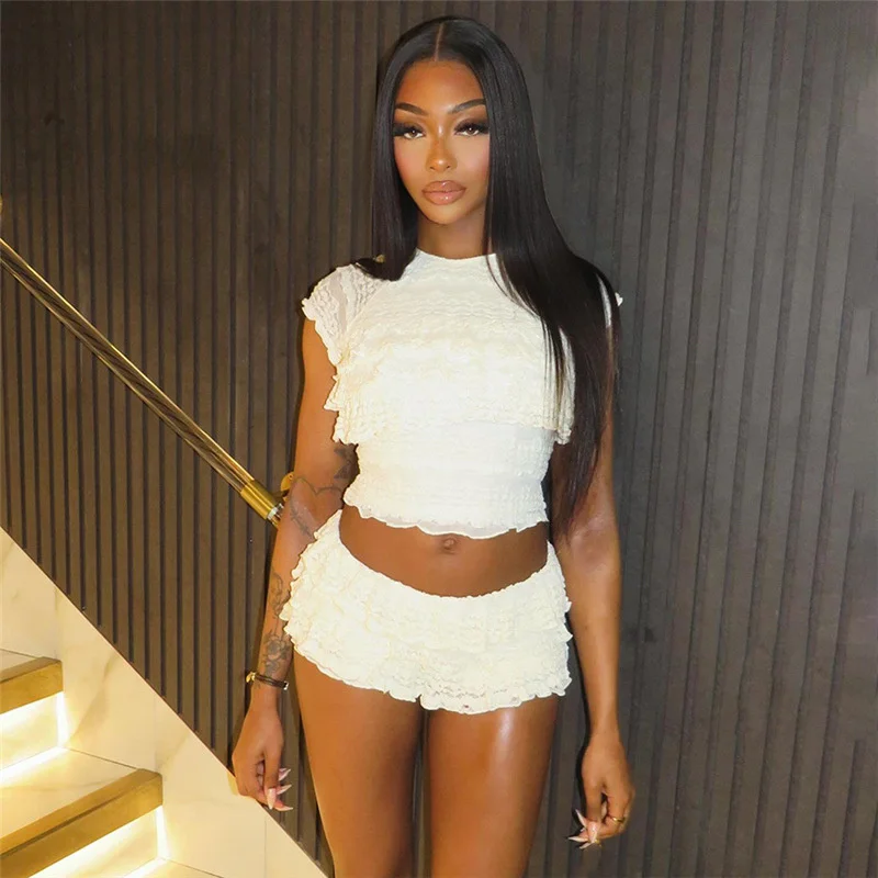 

Doyerl Женские комплекты из двух предметов с оборками Женский праздничный наряд Клубная одежда Rave Укороченный топ с короткими рукавами на день рождения + шорты в тон