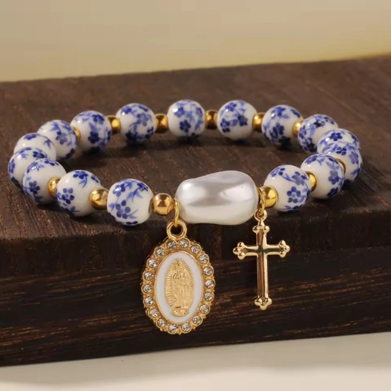Nueva pulsera cruzada con retrato tallado de cuentas con estampado personalizado, adecuada para regalos de joyería diaria religiosa para mujeres