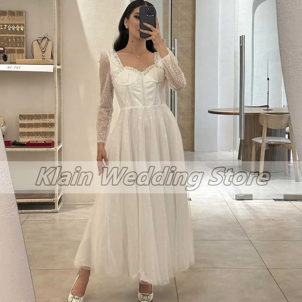 Customized Sparkling Elegant Wedding Dress Square Neck Long Sleeved Crystal Ankle-Length Tulle Sequin Women's Gorgeous Short Rob