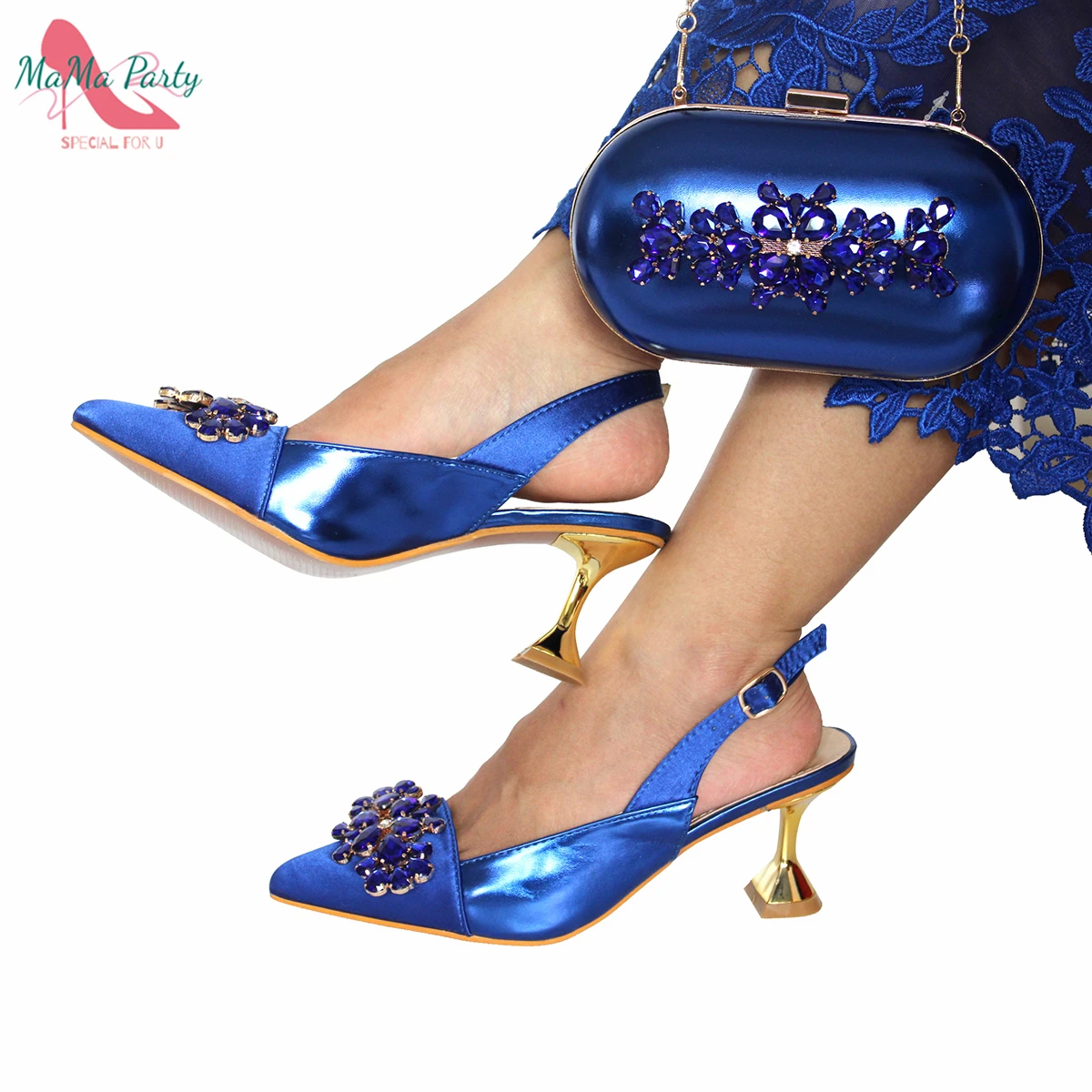 Royal Blue tacco alto Sllingbacks Ladies Sandal Shoes Set di borse abbinate per le donne nigeriane Wedding Party Pump