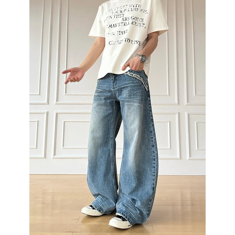 Pantaloni in denim da donna retrò americani Jeans a gamba larga sfilacciati a vita alta Pantaloni casual traspiranti larghi versatili per il tempo libero