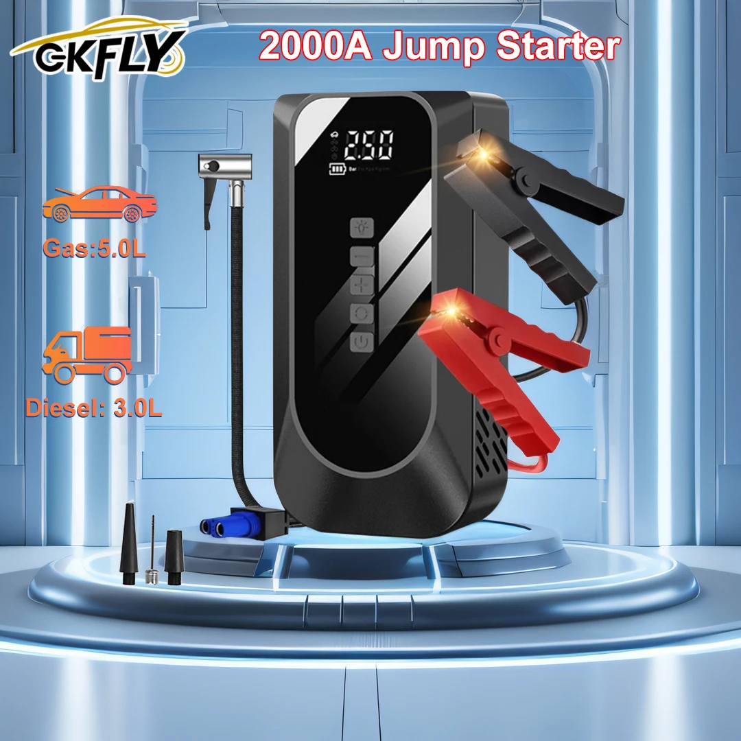 GKFLY Car Jump Starter With Air Compressor Portable Booster Charger 2000A Powerful Car Battery Starting Device