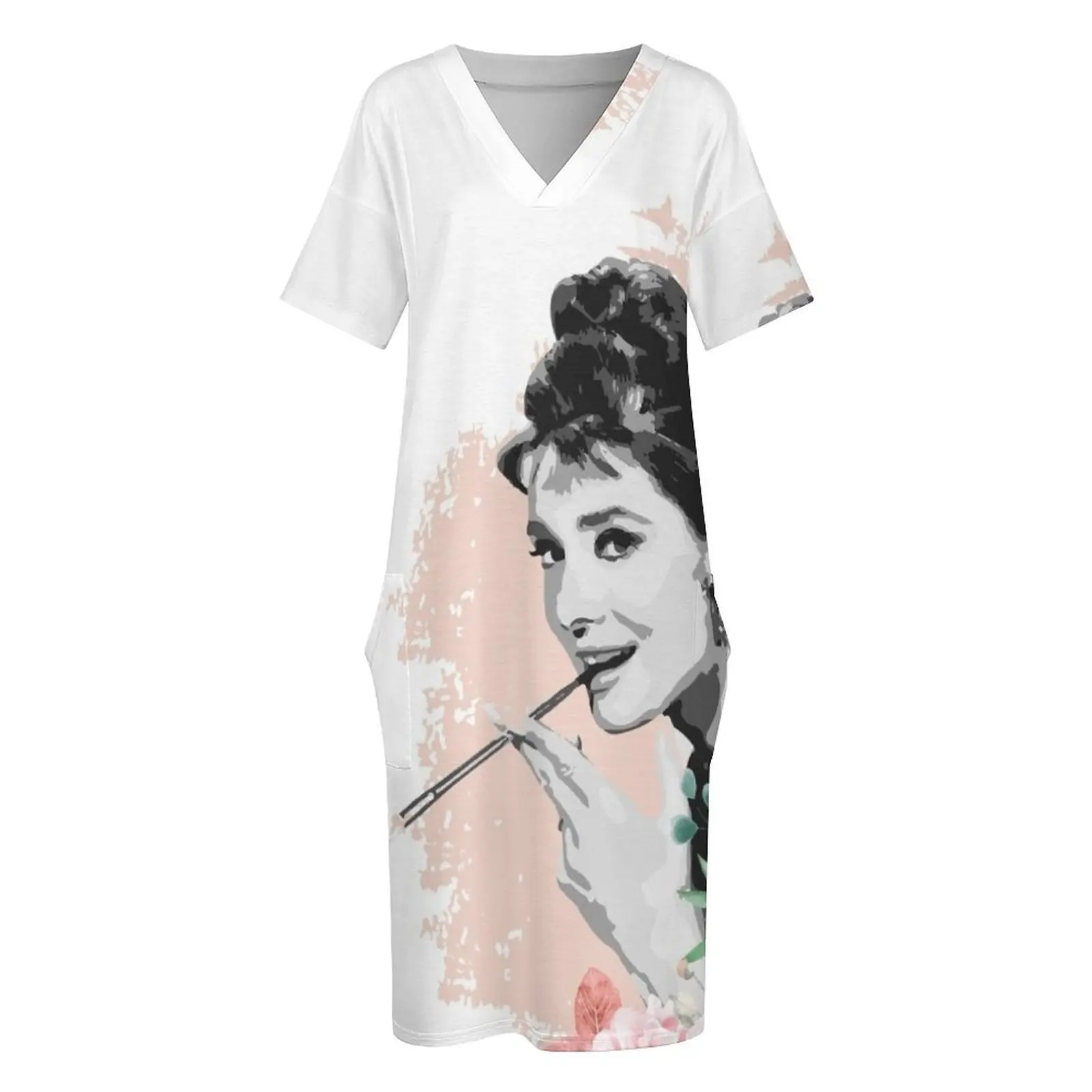 Audrey Hepburn Camiseta Adesivo Flores Ilustração Moletom Com Capuz Notebook Flores Floral Aquarela Vestido de Bolso Solto