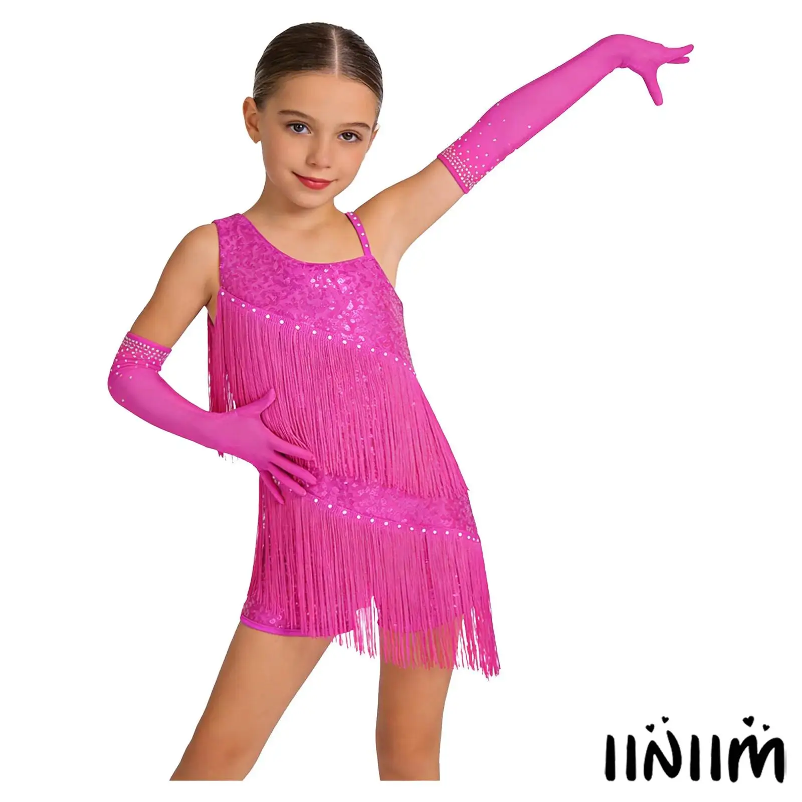 

Girl Latin Dance Costume Sleeveless One Shoulder Sequins Rhinestone Tassel Leotard Dress with Gloves for Tango Salsa Performance
