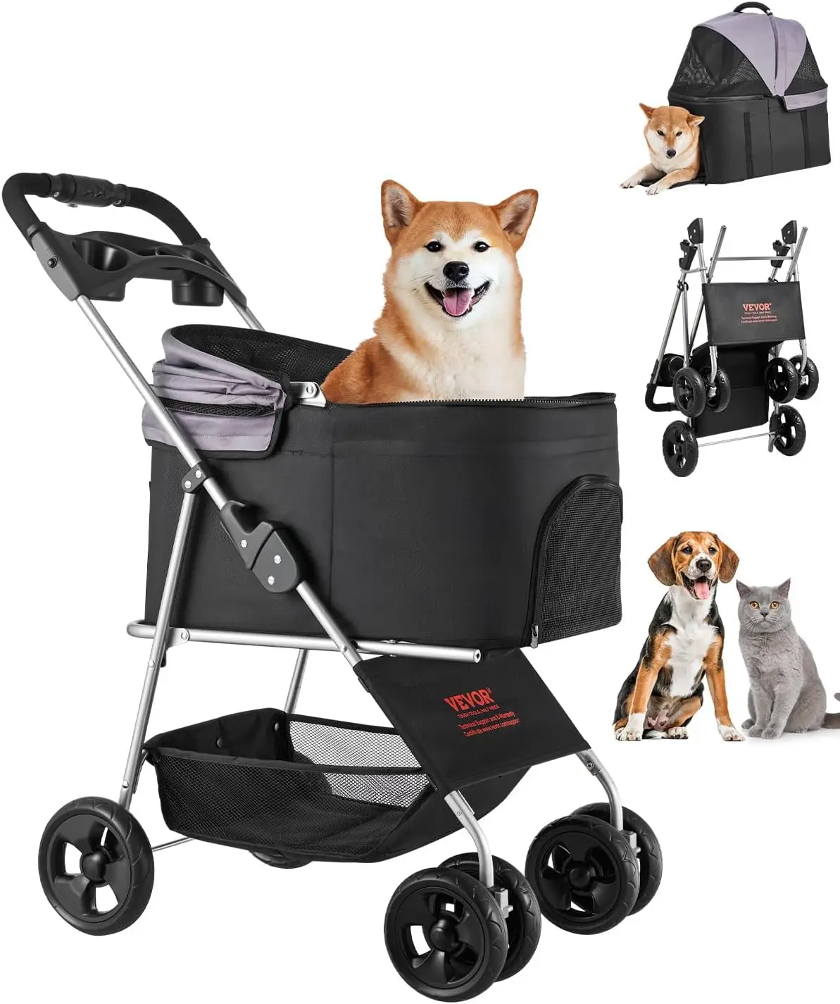 

Foldable Pet Stroller for Small to Medium Pets, 35 lbs Capacity, Detachable Carrier with Mesh Windows and Brake