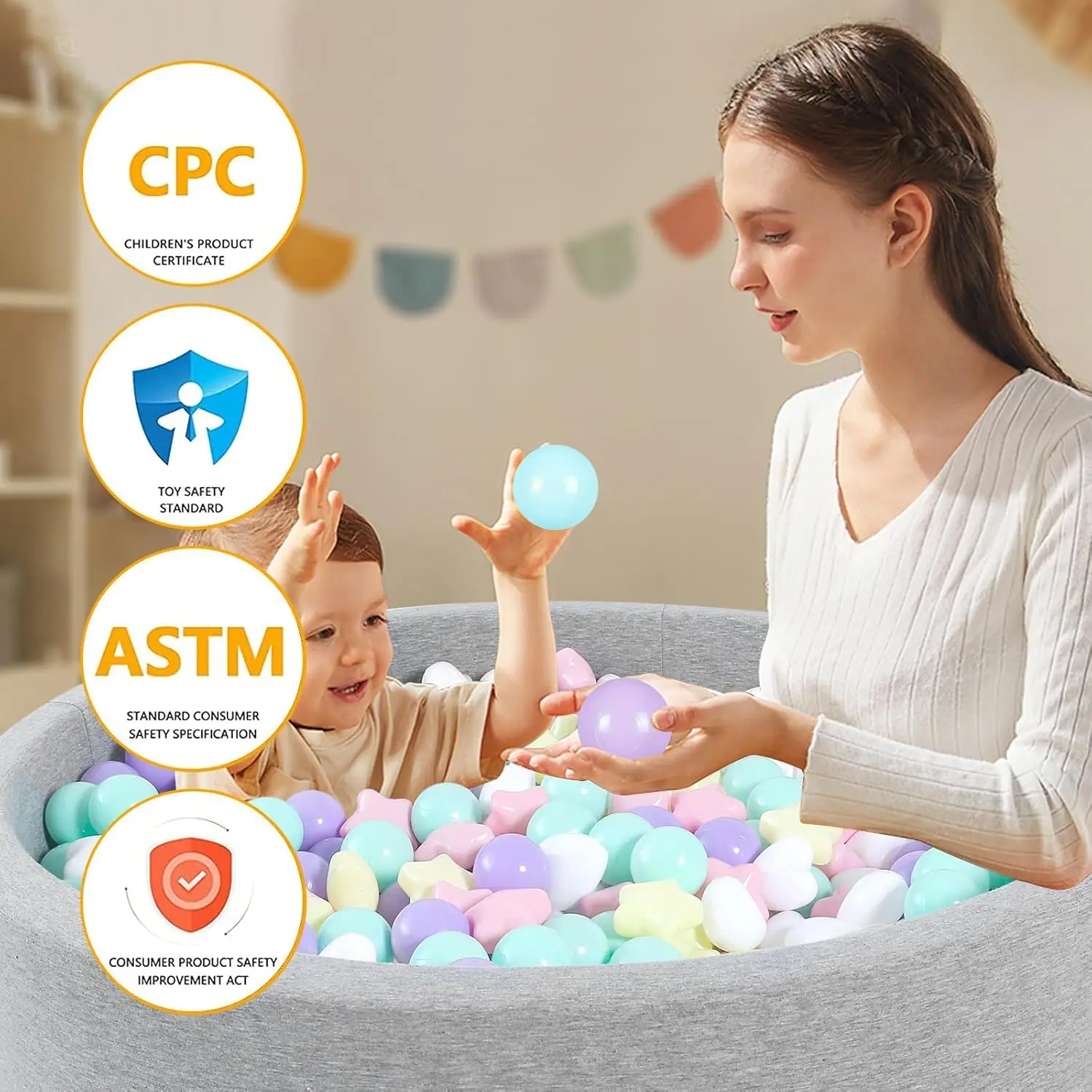 ボールピットボール 200個 マカロン プラスチックボール 幼児向け フタル酸フリー BPAフリー 耐圧ボール 再利用可能な子供用おもちゃ
