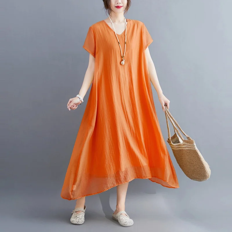Summer New plus Size Women's Dress Elegant V-neck Silk Cotton Loose Slimming Thin Knee-length Long Dress Citywalk A-line Skirt