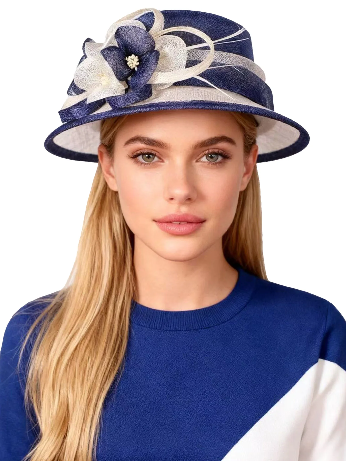 FS British Blue White Sinamay Wide Brim Fedoras for Women Elegant Flower Church Wedding Hat 2023 Linen Kentucky Derby Church Hat