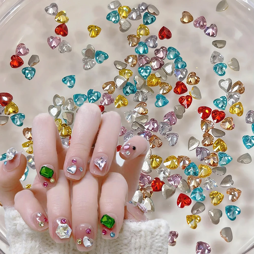 

50pcs Mixed Peach Heart Inverted Diamond Nail Rhinestone Heart Nail Zircon Nail Diamonds Sparkling Colorful Star Nail Decoration