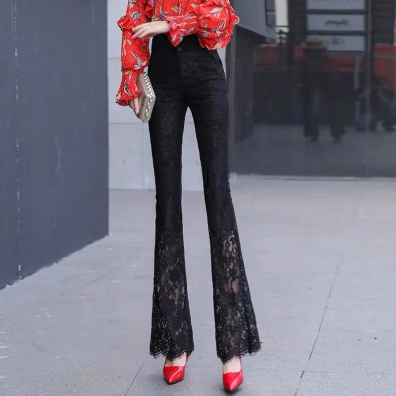 Elegant Vintage Lace Hollow Out Flare Pants for Women 2022 Spring New Office Lady Commuter High Waist Sashes Button Trousers 3XL