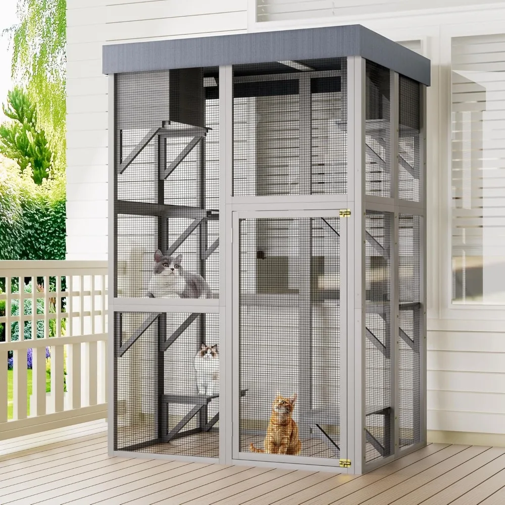 

Outdoor Wooden Catio Cat House,Large Cat Enclosure with 6 Platforms,2 Napping Houses & Removable Waterproof Roof,Solid Wood Play