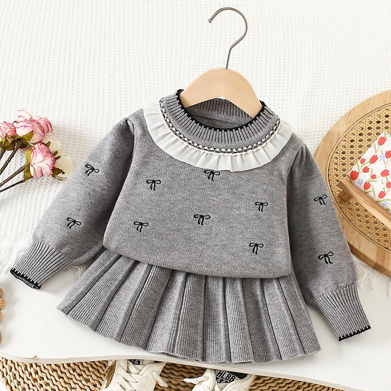 2025 جديد الخريف 2-6Yrs طفل الفتيات الملابس مجموعة طويلة الأكمام بلوفر مغزول سترة + تنورة قصيرة الاطفال محبوك ملابس رسمية