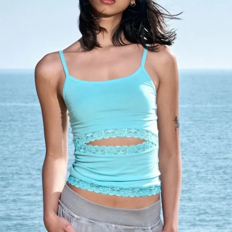Women's Tank Top Lace Cutout Camisole Spaghetti Strap Slim Fit Sleeveless Y2K Summer Top Contrast Trim Going Out Streetwear