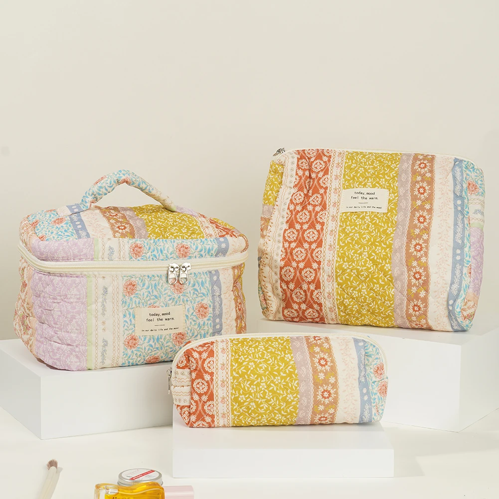 

3 Pcs Cotton Quilted Makeup Bag Zipper Women Floral Cosmetic Bag Toiletry Organizer Bag Cute Pouch Travel Bag