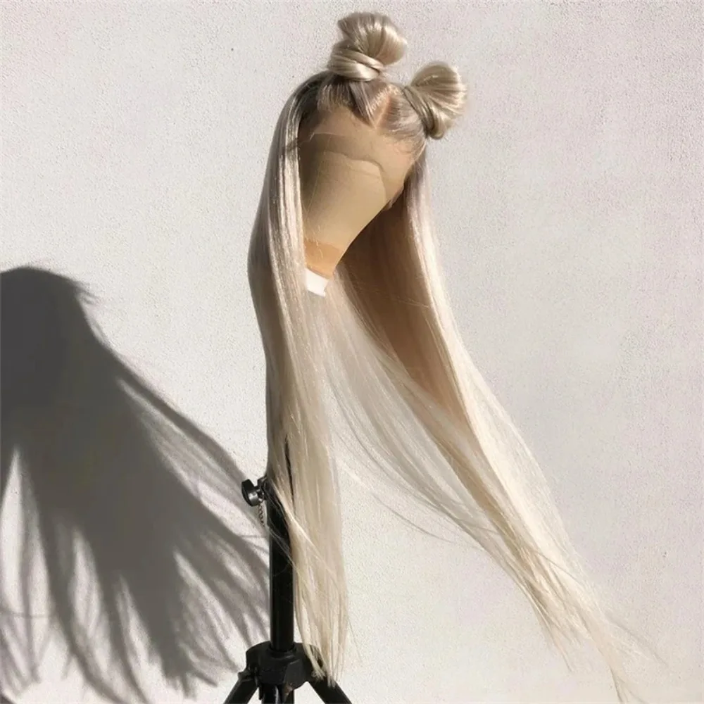 Platinum Blonde Ash Roots Colored Wigs 30inches Natural Hair HD Lace Wig Glueless Synthetic Wigs For Fashion Women Daily Use