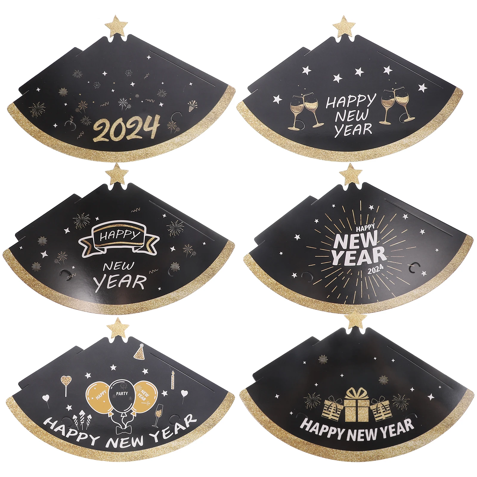 

6pcs New Year Paper Hats 2024 Black Gold 3D Design Lightweight Kids Party Decorations Family Photo Props New Year Eve